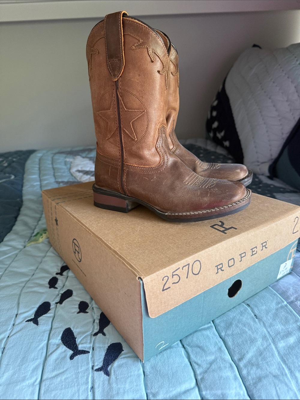 Little Boys Brown Leather Roper Boots with Star Stitch